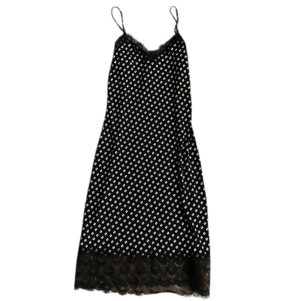 Michael Kors Black White Polka Dot Lace Trim Midi Slip Dress XS